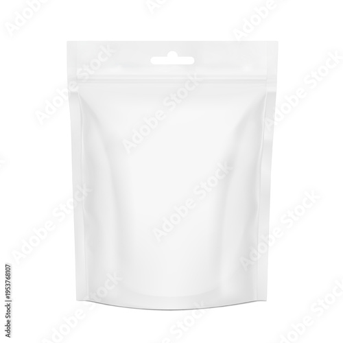 Realistic stand up pouch bag with hang slot mockup. Front view. Vector illustration isolated on white background. Ready for your design. EPS10.
