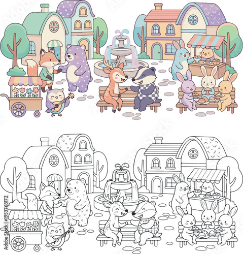 jungle animal gathering in town square cartoon vector illustration clipart and lineart for children coloring book