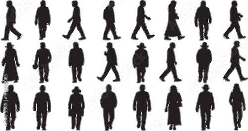 Silhouettes of people walking in various poses and outfits