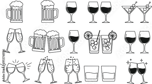 Various Alcoholic and Non- Alcoholic Drinks in Glasses and Mugs beer mugs wine glasses martini glasses