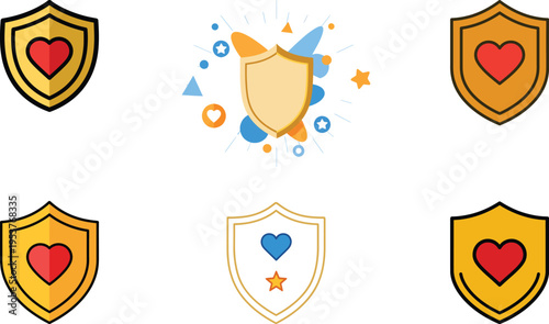 Child protection awareness illustration with golden shields and hearts, vibrant colorful