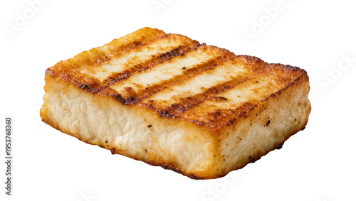 Grilled golden brown halloumi cheese slice with distinct char marks, perfectly cooked and ready to serve, isolated PNG on transparent background