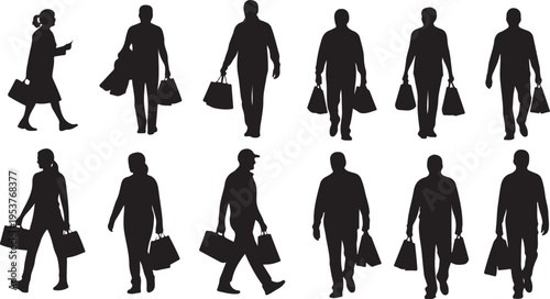 Silhouettes of people walking with bags and luggage
