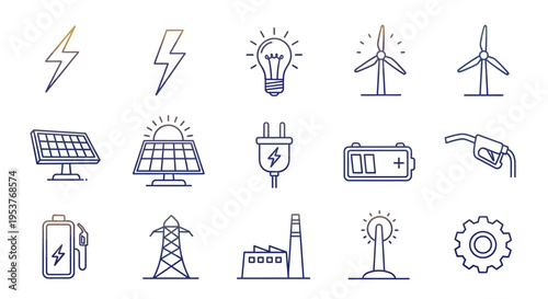 Energy Icon Set: Renewable Power Generation, Electricity Symbols and Sustainable Solutions