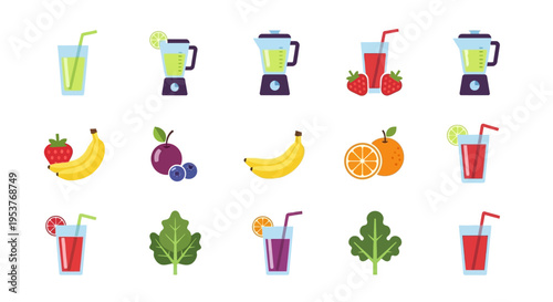 Healthy Smoothie and Fruit Ingredients Icon Set for Wellness and Nutritional Concepts