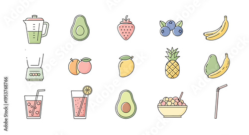 Healthy fruit and smoothie icons in a minimalist design, perfect for healthy living