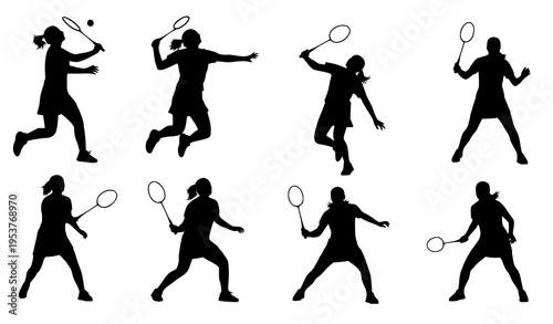 Female badminton player silhouette vector set with serve smash and swing poses isolated on white background