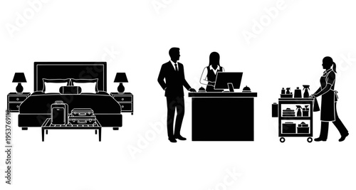 Hotel Services Collage: Bedroom Reception Housekeeping Cart Silhouettes
