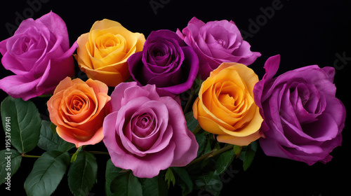 A colorful array of roses in shades of pink, purple, orange, and yellow is beautifully displayed against a contrasting stark black background creating contrast.