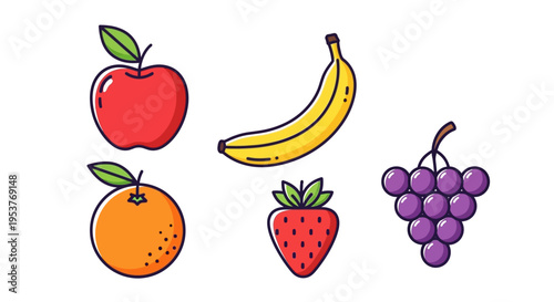 Cartoon illustrations of various fruits, featuring an apple, banana, grapes, strawberry and orange.
