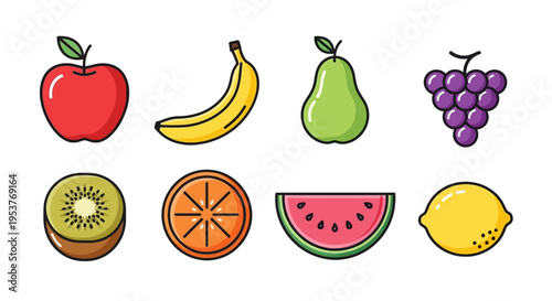 Cartoon fruits illustration with apple, banana, pear, grapes, kiwi, orange, watermelon, and lemon