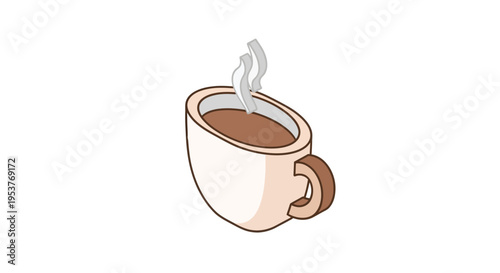 Cartoon-style illustration of a steaming cup of coffee or hot beverage against white background
