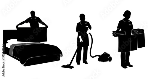 Hotel Staff Cleaning and Tidying Room Services Silhouettes