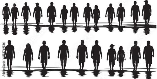 Silhouettes of people walking in a group formation slowly