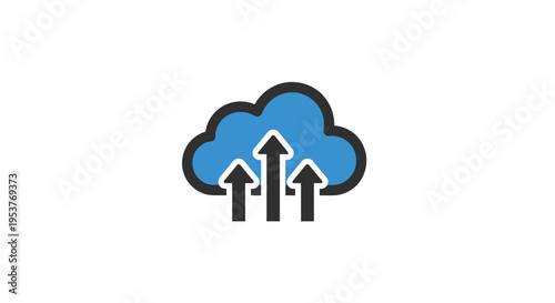 Cloud data upload icon representing network connectivity and information flow over white background