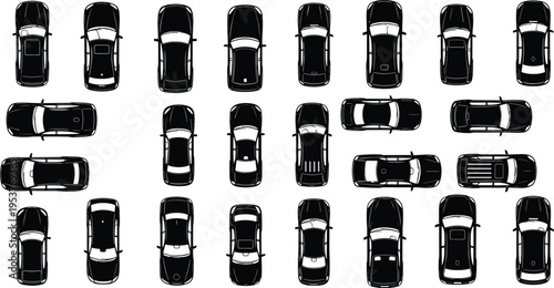 Top view collection of diverse car silhouettes in black and white grid layout featuring sedans, SUVs, and pickup trucks for automotive design and identification purposes