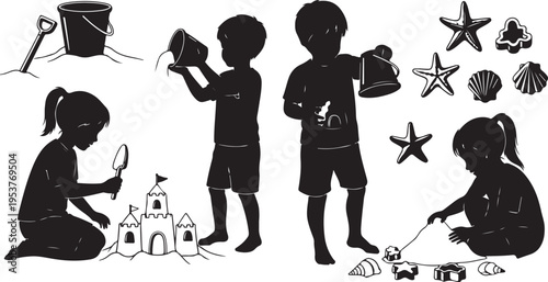 Silhouette of children playing at the beach with sand