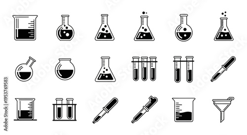 Illustrated scientific equipment icons for laboratory experimentation and research.