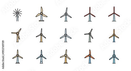 Illustration depicting various colorful wind turbines icons perfect for environmental awareness