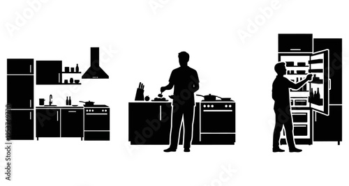 Kitchen Scene Silhouettes: Cooking and Refrigerator