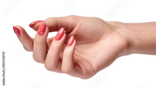 Elegant female hand with perfectly manicured long coral pink nails, gracefully posed and isolated on a transparent background, beauty and fashion concept