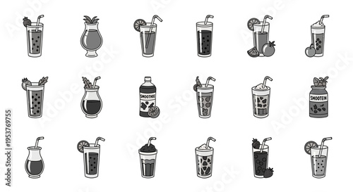 Illustration depicting various fruit smoothies in different container styles and designs