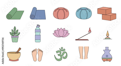 Illustration depicting wellness elements, yoga props, and relaxation accessories in a row
