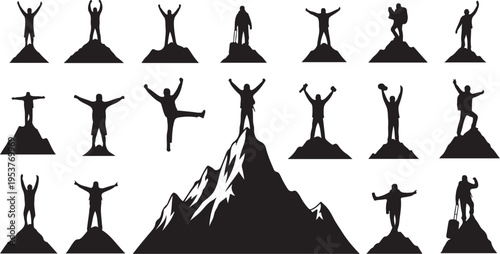 Silhouettes of people standing on mountains in triumph