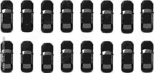 Top-down view of twenty identical black cars arranged in two neat rows, showcasing uniform automotive silhouettes for design, transport planning, and creative stock use.