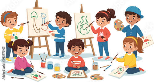 Kids painting art class cartoon characters vector illustration children drawing creative activity school education colorful design brushes canvas fun learning workshop