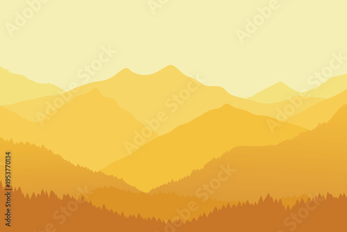 Minimalist landscape featuring layered mountains in warm yellow tones