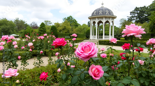 Rose garden in the Bagatelle park with empress kiosk in the background. It is located in Boulogne-Billancourt near Paris, France