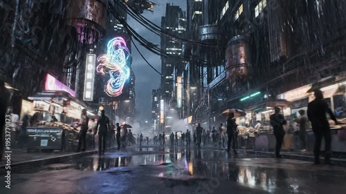 People walk on a wet city street at night with neon lights and billboards in a futuristic urban landscape with technology and architecture