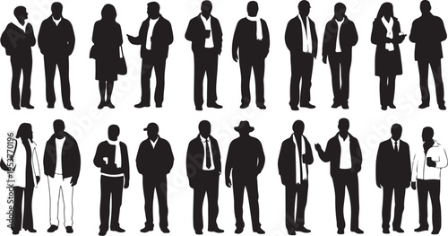 Silhouettes of various professionals in business and medical attire standing