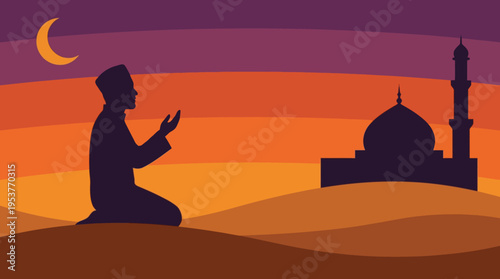 Silhouette of a Muslim man kneeling in prayer towards a mosque under a crescent moon and a vibrant sunset sky, depicting devotion and faith.