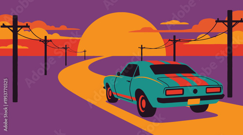 A retro graphic illustration of a classic teal muscle car with orange stripes driving on a winding road towards a large setting sun with power lines.