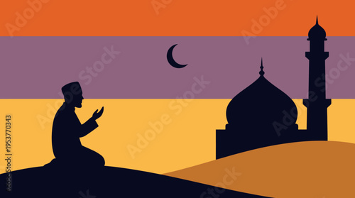 A silhouette illustration of a Muslim man kneeling in prayer before a mosque and crescent moon under a vibrant sunset or sunrise sky.