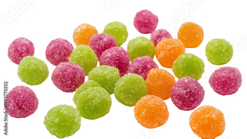Bild auf Leinwand Brightly colored sugar-coated gumdrop candies in pink, green, and orange, a swee