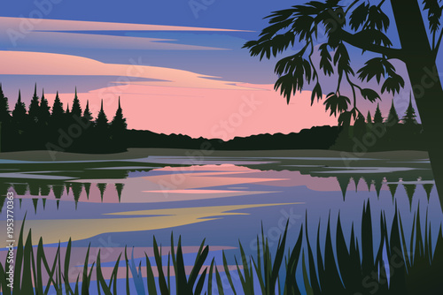 Tranquil lakeside scene with colorful sunset reflections and silhouetted trees