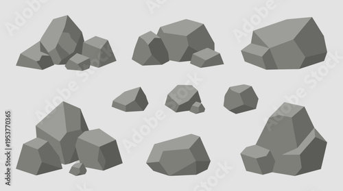 Collection of various grey polygonal rocks and pebbles, depicted in a stylized, isolated manner on a light background.
