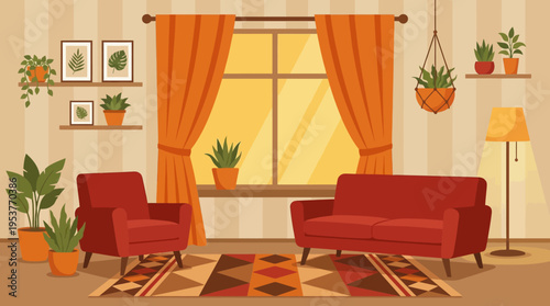 Cozy living room interior with red furniture, orange curtains, numerous potted plants, and a patterned rug creating a warm and inviting atmosphere.