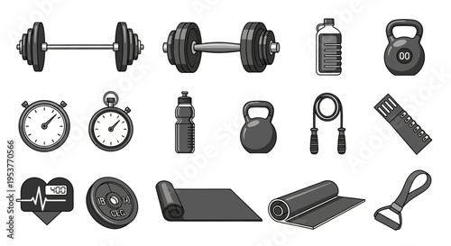 Gym equipment vector illustration showing weightlifting tools, fitness gear, and accessories