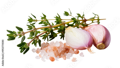 Photos Fresh thyme sprigs, halved and whole shallots, and pink Himalayan salt crystals,