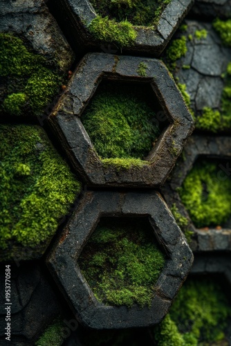 Close-up of vibrant green moss growing in hexagonal concrete pavers, creating a natural, textured pattern.