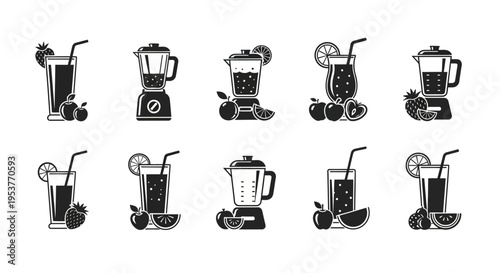 Healthy Drinks and Kitchen Appliances: A Collection of Vector Graphics in Black and White