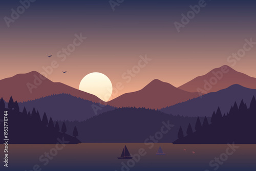 Minimalist landscape with mountains lake and rising sun