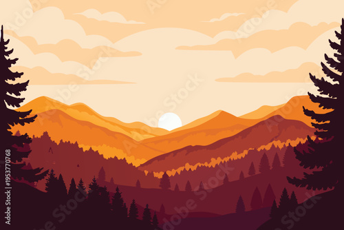 A serene landscape illustration featuring warm sunset tones over mountains
