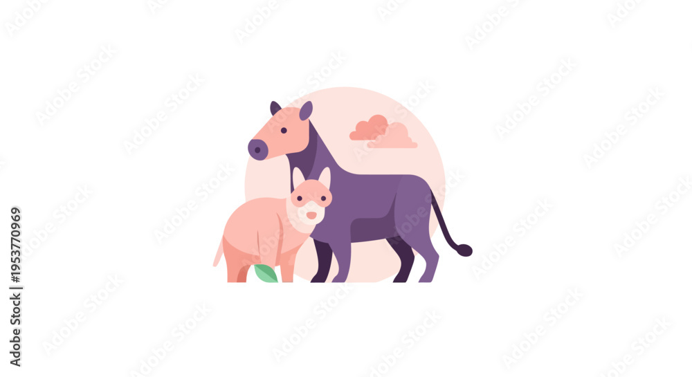 Fototapeta premium Illustration depicting two stylized animals with a soft, minimalist aesthetic design