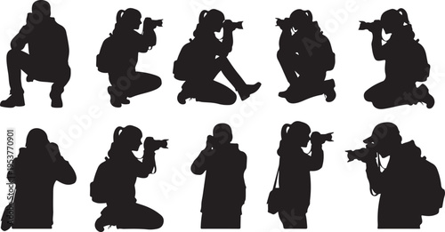 Silhouettes of photographers in various shooting positions and poses