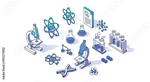 Illustrated scientific tools and elements used in laboratory research and experiments